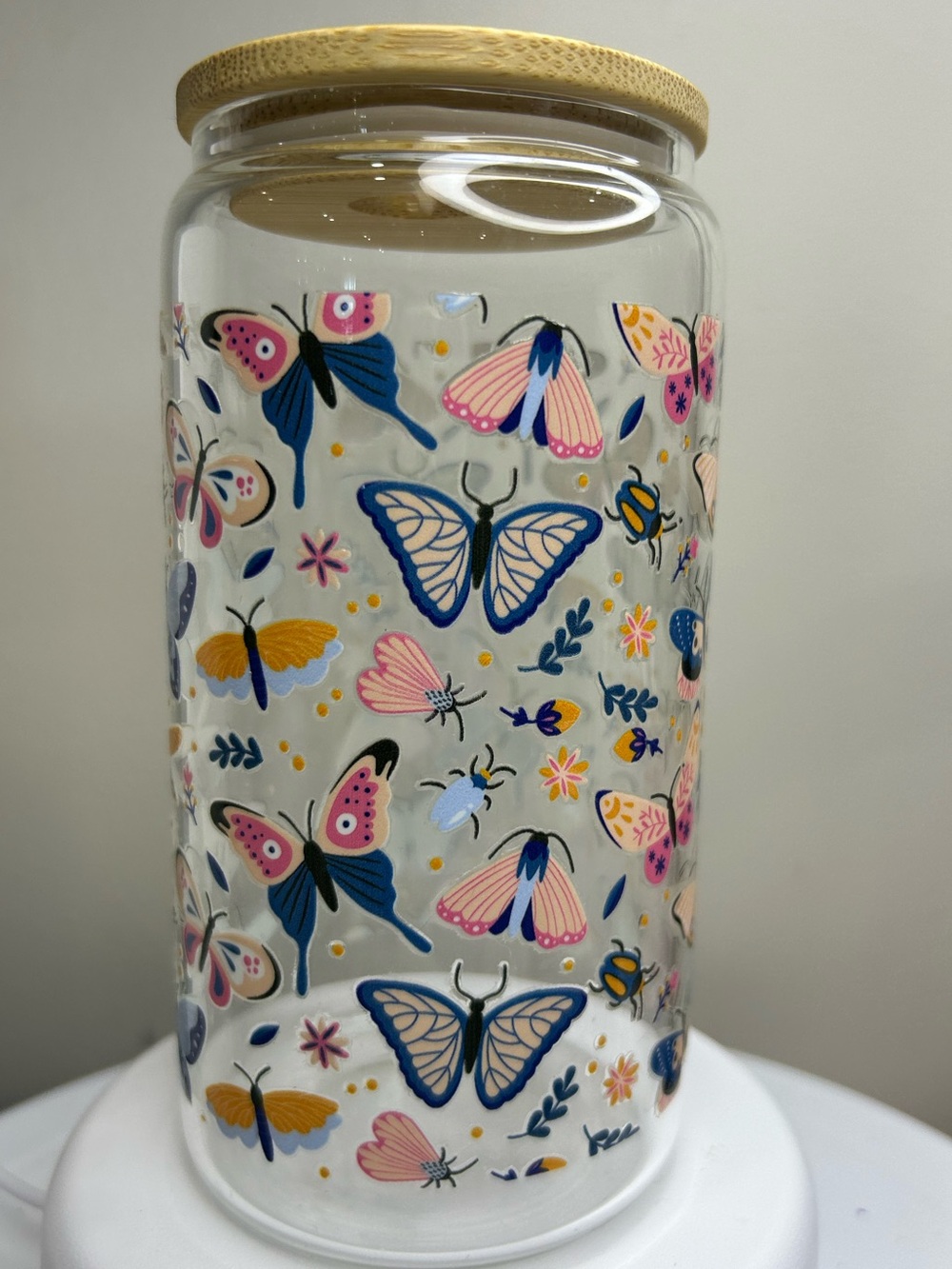 16oz Butterfly Pattern Glass Tumbler with Bamboo Lid and Glass Straw